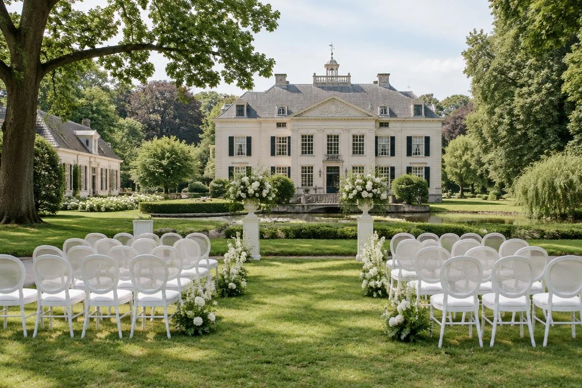 Illustratief AI-sfeerbeeld van een buitenbruiloft met witte stoelen voor een fictief landhuis