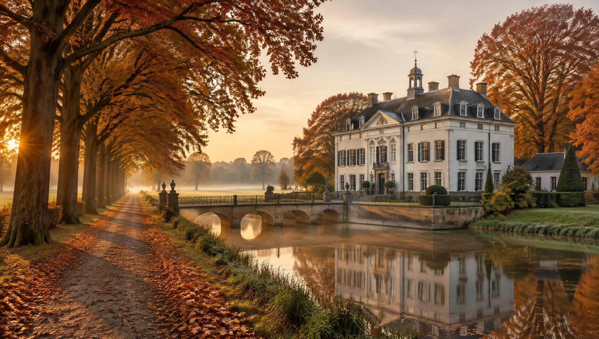 Wit landhuis met slotgracht en eikenlaan in herfstkleuren op een Nederlands landgoed
